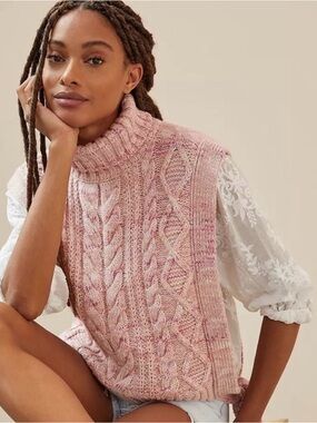 Anthropologie Sleeveless Cable-Knit Turtleneck Sweater Vest - Pink